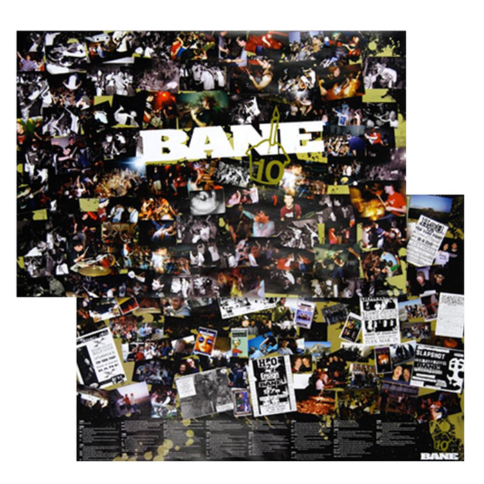 Two Bane collage posters for the bandโs 10th anniversary, featuring photos of live shows, fans, band members, flyers, and memorabilia. โBANE 10โ is in bold on the top poster. Shipped rolled in a sturdy tube.
