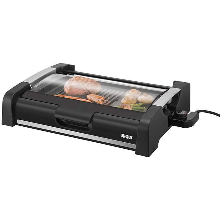 Der Unold Barbecue-Grill Edel ist ein schwarzer Elektrogrill mit Glasdeckel, seitlichem Bedienknopf und โUnoldโ-Schriftzug auf der Vorderseite, ideal zum Garen von Fleisch, Fisch und Gemรผse.