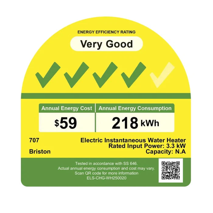 An Energy Efficiency Rating label for an electric instantaneous water heater, showing a yellow and green rating badge with text including 'Very Good', 'Annual Energy Cost $59', 'Annual Energy Consumption 218 kWh', and 'Bristol'.