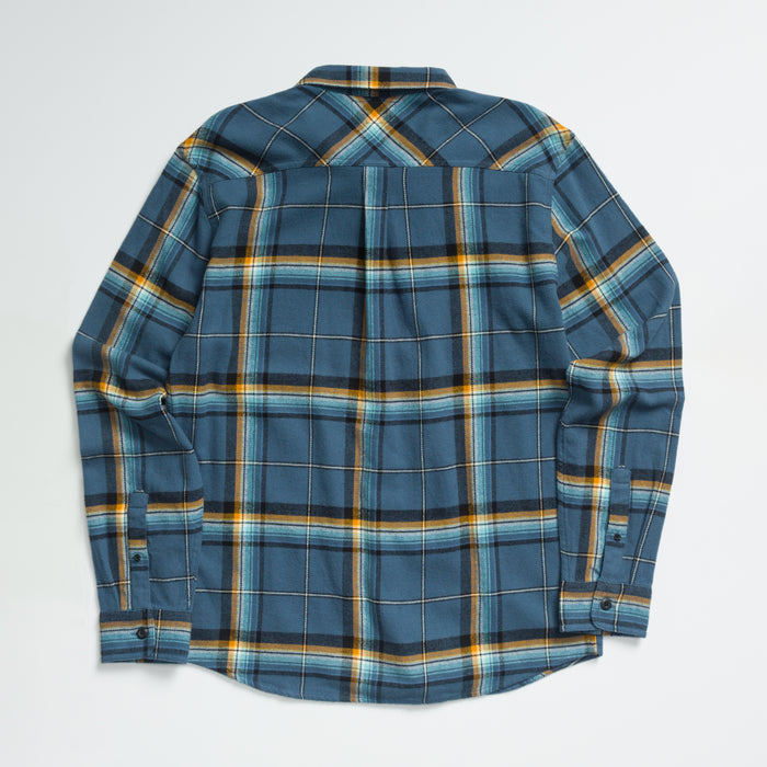 Dyson Flannel Shirt for men shown from back, blue plaid pattern with long sleeves, comfort-focused beach-inspired apparel.