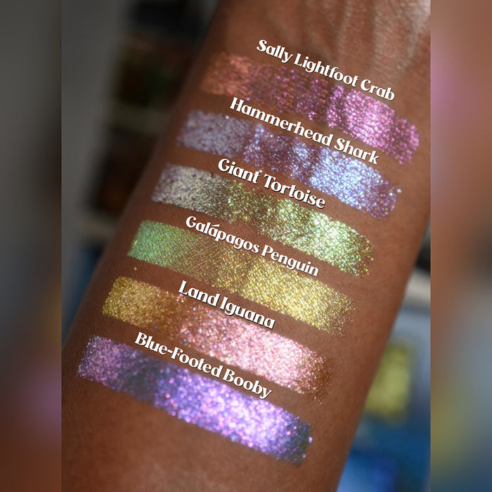 Arm swatches of all six Galápagos Palette shadows on deep skin tone. Blurred open palette in the background.