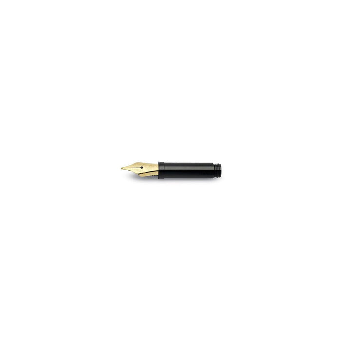 Gold fountain pen nib on white background