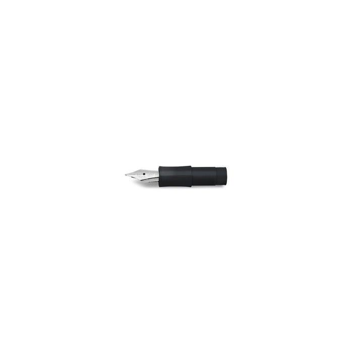 Silver fountain pen nib on white background