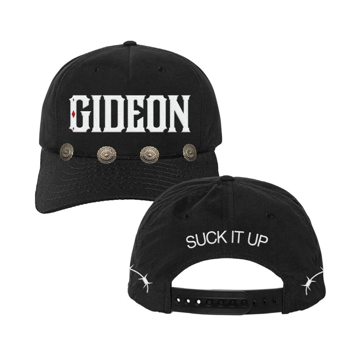 black hat that has texts on the front that reads Gideon and text on the back that reads SUCK IT UP. There is barbed wire going around the sides of the hat to the back.