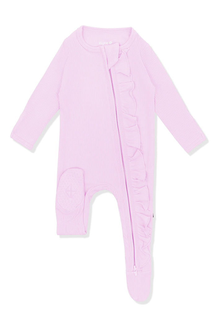 Bottom of the foot pad shown on the Ribbed Ruffle Zipper Footie in Thistle