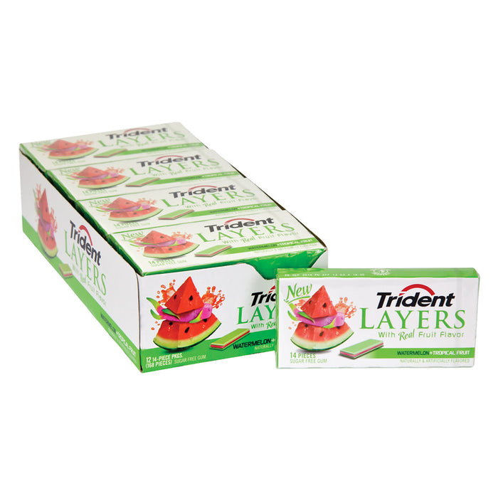 Trident Watermelon Tropical Fruit Layers Sugar Free Gum - 12ct