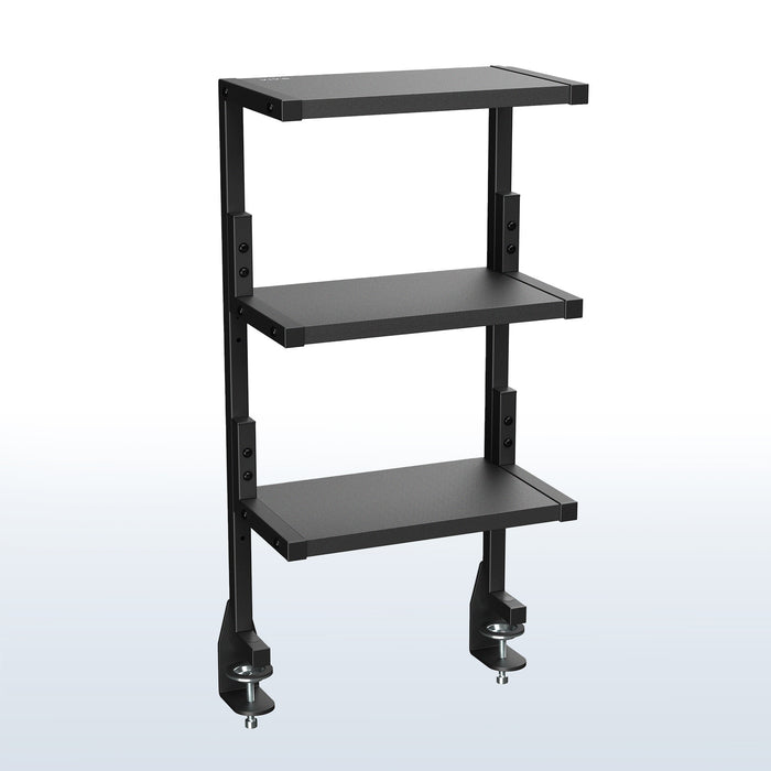 A black 13-inch clamp-on 3-tier shelving unit for desks.