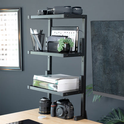 A black 13-inch clamp-on 3-tier shelving unit for desks in a modern home office.