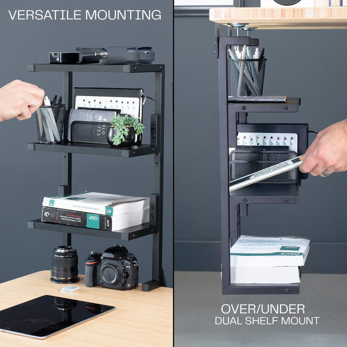A black 13-inch clamp-on 3-tier shelving unit for desks either over or under.