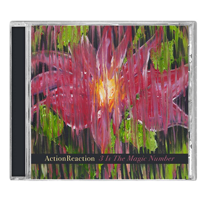 A CD case by Action Reaction with abstract cover art of a large pinkish-red flower, green and yellow accents. Bottom text: "ActionReaction 3 Is The Magic Number," inspired by Further Seems Forever & Jason Gleason.