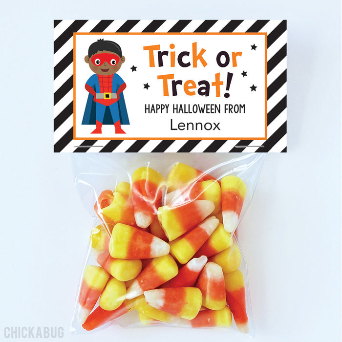 African-American Boy Superhero Halloween Paper Tags and Bags
