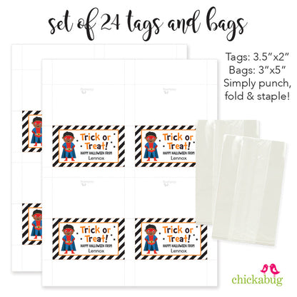 African-American Boy Superhero Halloween Paper Tags and Bags