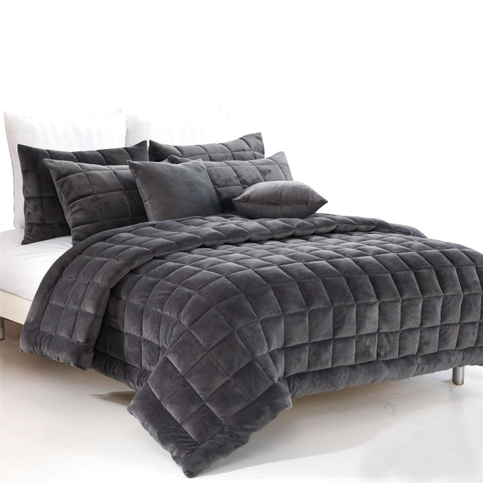 Alastairs Augusta Faux Mink Quilt / Comforter Set Charcoal King -Home Living Store - -
