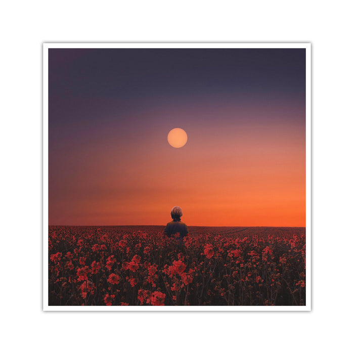 A person stands in a field of red flowers at sunset, facing a glowing sun under an orange-purple sky—a scene reminiscent of a Brent Walsh album lithograph.