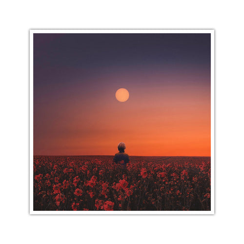 A person stands in a field of red flowers at sunset, facing a glowing sun under an orange-purple sky—a scene reminiscent of a Brent Walsh album lithograph.