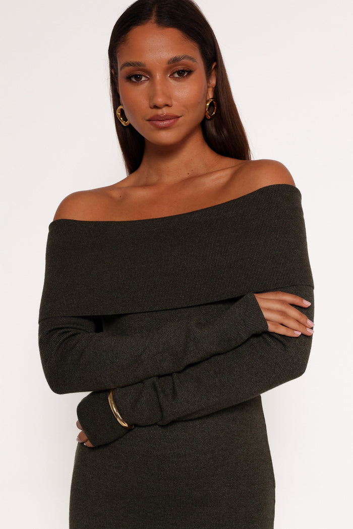 Petal and Pup USA DRESSES Archie Off The Shoulder Midi Dress - Olive