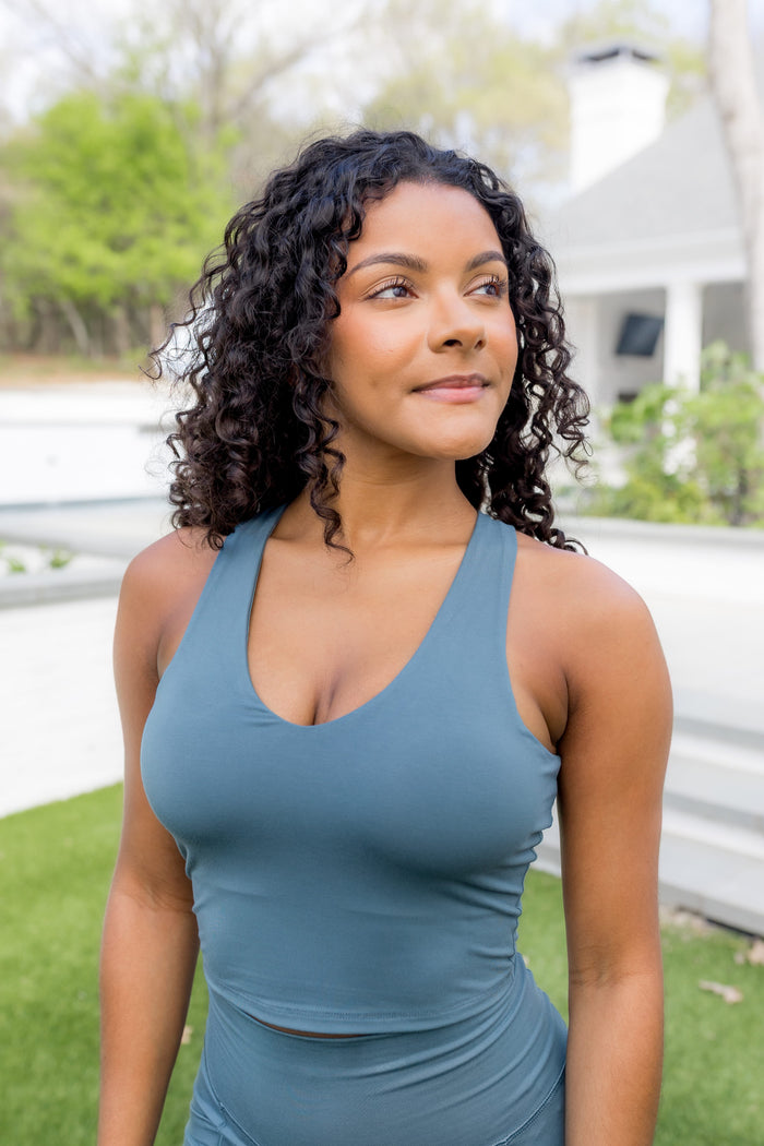 Female modeling the Bamboo Flex Bra Tank in Atlantic