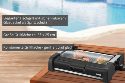 Der Unold Barbecue-Grill Edel, ein schwarzer Tischgrill mit Glasdeckel, steht auf einem Holztisch am Pool und grillt Fleisch und Gemüse. Deutscher Text stellt seine Funktionen und Grillfläche vor.