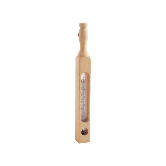 A wooden bath thermometer with a clear glass tube showing temperature markings, set against a plain white background.