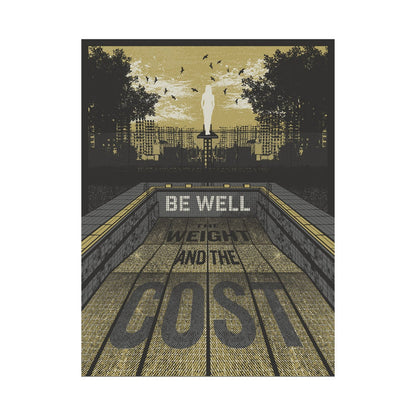 Be Well’s 18x24 stylized poster features an empty tiled pool with “Weight and the Cost” on the floor, an overhead electronic sign reading Be Well, trees, buildings, a statue in the background—perfect for screen-printed art lovers.