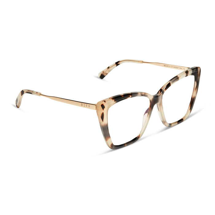 diff eyewear becky ii cat eye glasses with a cream tortoise frame and prescription lenses angled view