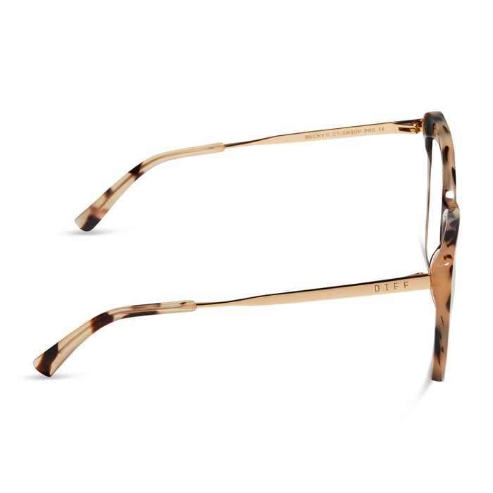 diff eyewear becky ii cat eye glasses with a cream tortoise frame and prescription lenses side view