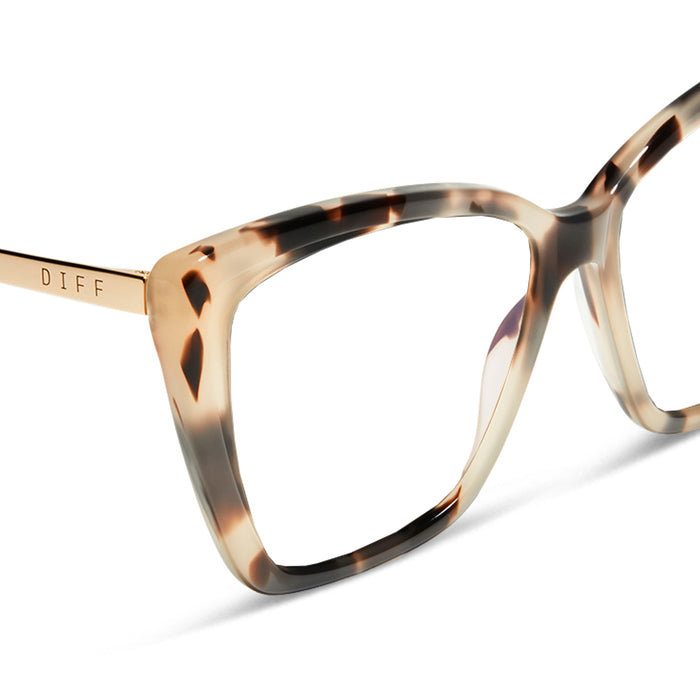 diff eyewear becky ii cat eye glasses with a cream tortoise frame and prescription lenses detailed view