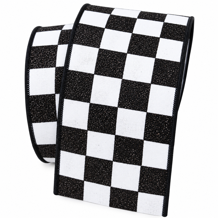 Black and White Glitter Check Ribbon, 2.5" X 10YD