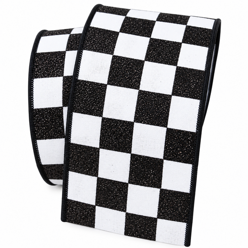 Black and White Glitter Check Ribbon, 2.5" X 10YD