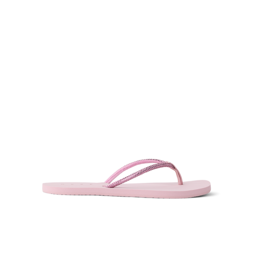 Bliss Bling Fling women's pink flip flop facing right, close-up of cushioned sole and textured straps for beach comfort