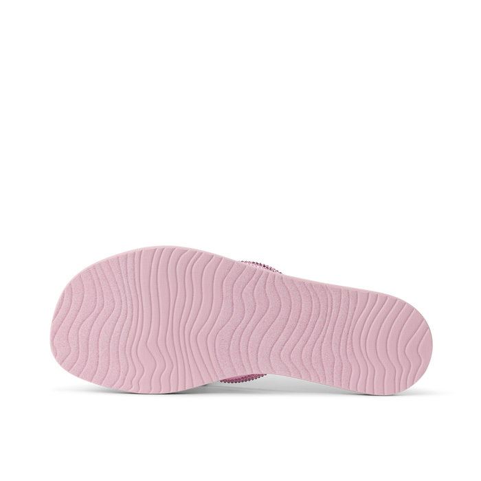 Bliss Bling Fling women's right sandal sole facing up in sunset pink with durable, water-friendly, cushioned design.