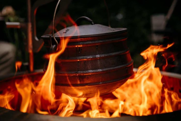 A Breeo Kettle hanging over the fire.