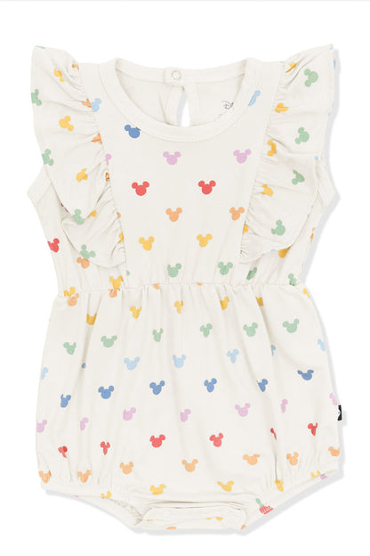 Bubble Romper with pastel mickey mouse pattern on an oat background