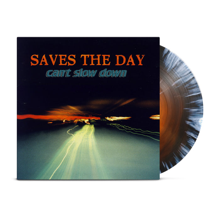 Saves The Day's "Can't Slow Down" vinyl and cover feature blurred night highway lights with bold orange and blue text. Available in Blue & White Splatter or marbled brown and gray editions. Brand: Saves The Day.