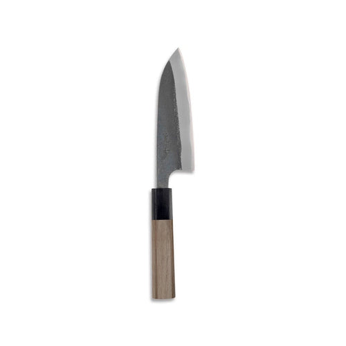 Carbon steel mini santoku knife by Niwaki with walnut handles on white background