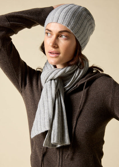 Sonya Hopkins pure cashmere rib beanie in pale marle beige