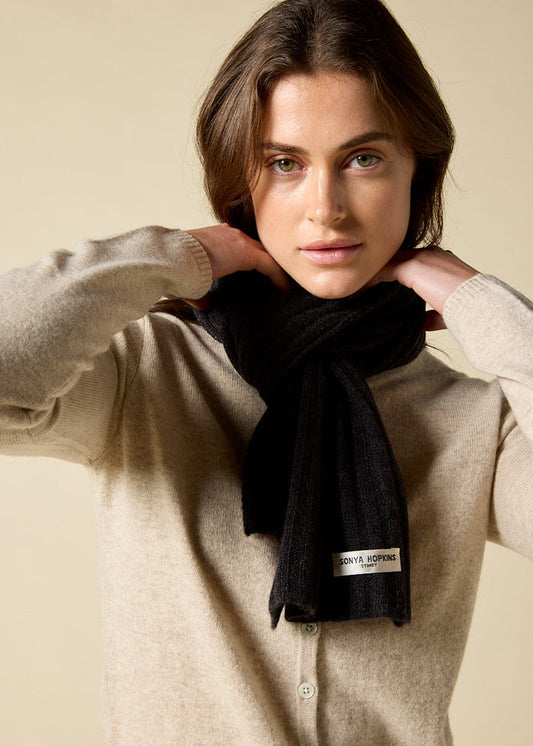 Sonya Hopkins 100% pure cashmere rib scarf in dark charcoal