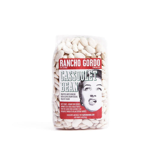 Bag of Rancho Gordo cassoulet beans on a white background