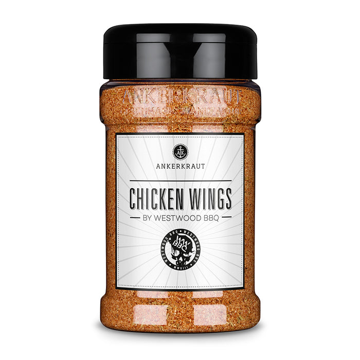 Chicken Wings Gewürz von Ankerkraut im Gewürzstreuer vor weißem Hintergrund.