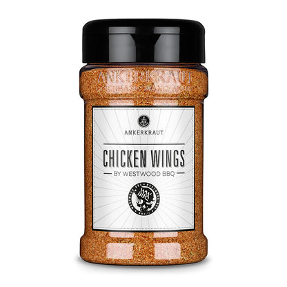 Chicken Wings Gewürz von Ankerkraut im Gewürzstreuer vor weißem Hintergrund.
