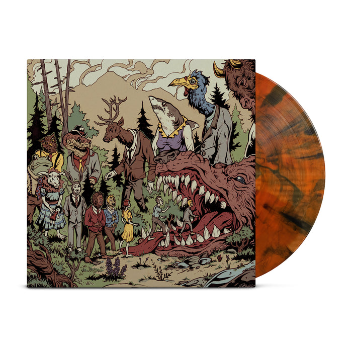 A Lot Like Birds presents a limited edition vinyl with an illustrated cover: oriole-colored marbled orange and brown vinyl featuring suited anthropomorphic animals gathered in a forest around a red monster—a striking collector’s piece.