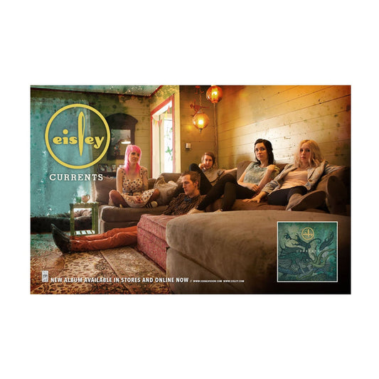 Five people relax on a sectional couch in a warmly lit room with "Eisley Currents" on the wall. An album cover announces Eisley's new release—plus, fans can add an exclusive folded poster to their order.