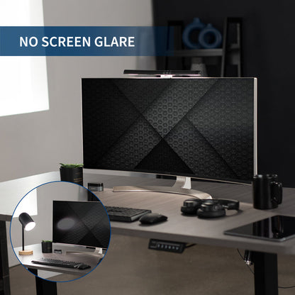 LED light bar for curved monitors powered by USB connection with brightness adjustment and color temperature settings for brighter workstation with no screen glare and increased desk space.
