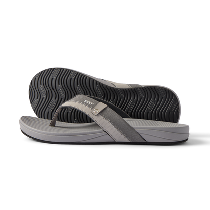 Pair of grey Cushion Phantom 2.0 men's sandals, side and bottom views, featuring extra cushion and arch support.