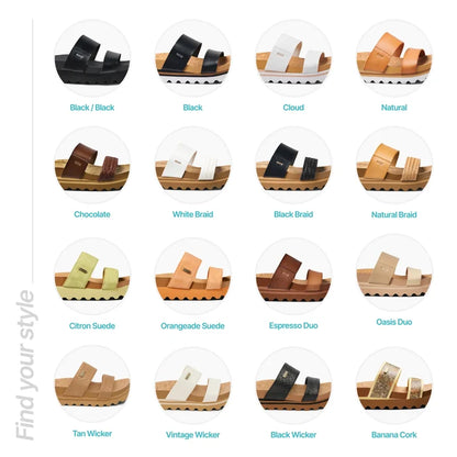 Grid of Cushioned Vista Hi women’s sandals, side view, showing various colors and surf-inspired comfort designs.