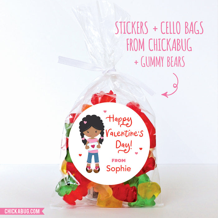Cute Girl Valentine's Day Stickers - African-American Girl with Braids