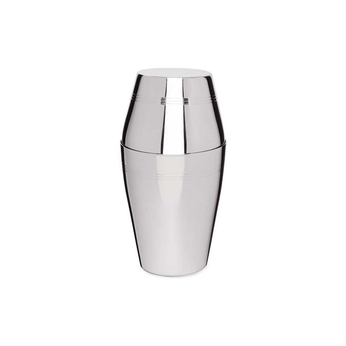Stainless steel cocktail shaker on a white background