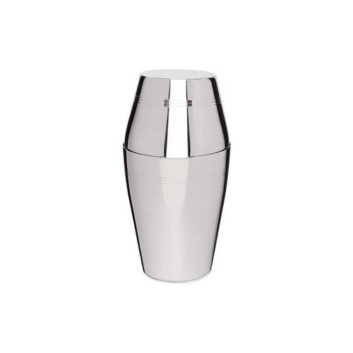 Stainless steel cocktail shaker on a white background