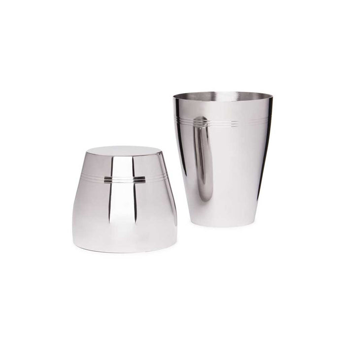 Stainless steel cocktail shaker taken apart on white background
