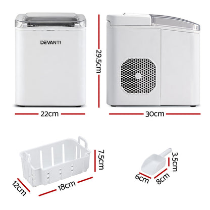 Devanti Ice Maker Machine Portable 12kg Countertop w/Self Cleaning 1.2L White - Devanti